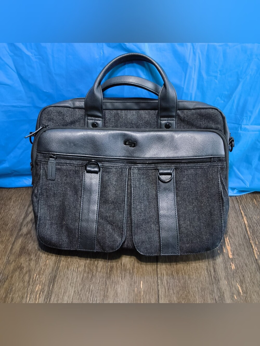 Solo New York Laptop Briefcase Messenger Bag Black Denim Faux Leather Business - Picture 9 of 9
